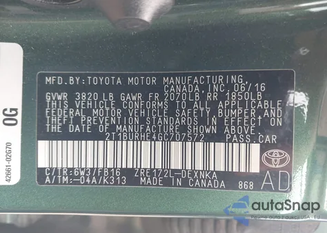 2016 Toyota Corolla Le из США, поврежденный, VIN 2T1BURHE4GC707572